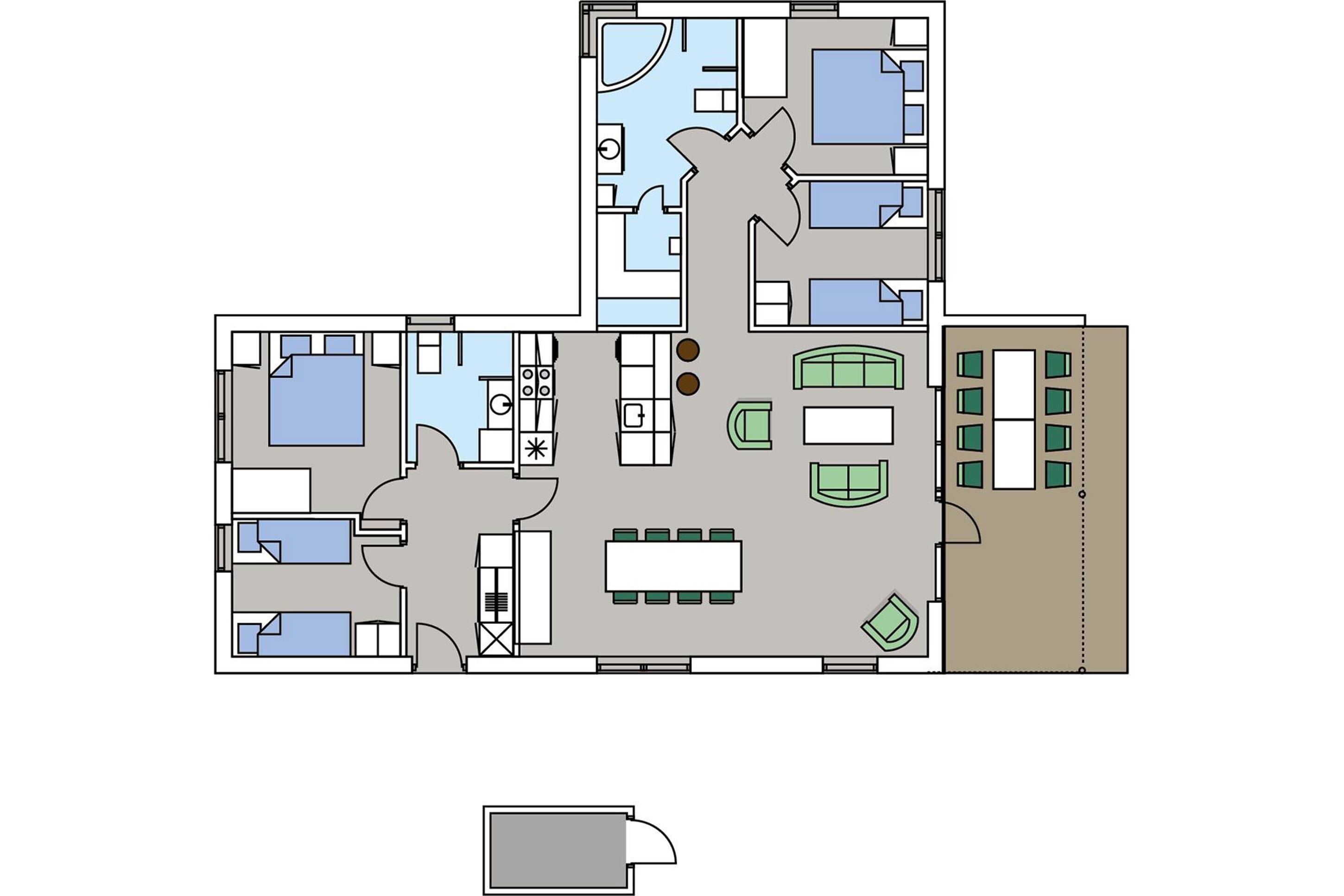 Distribución de un hotel que incluye varias habitaciones, una cocina, un comedor y una pequeña zona de estar al aire libre.