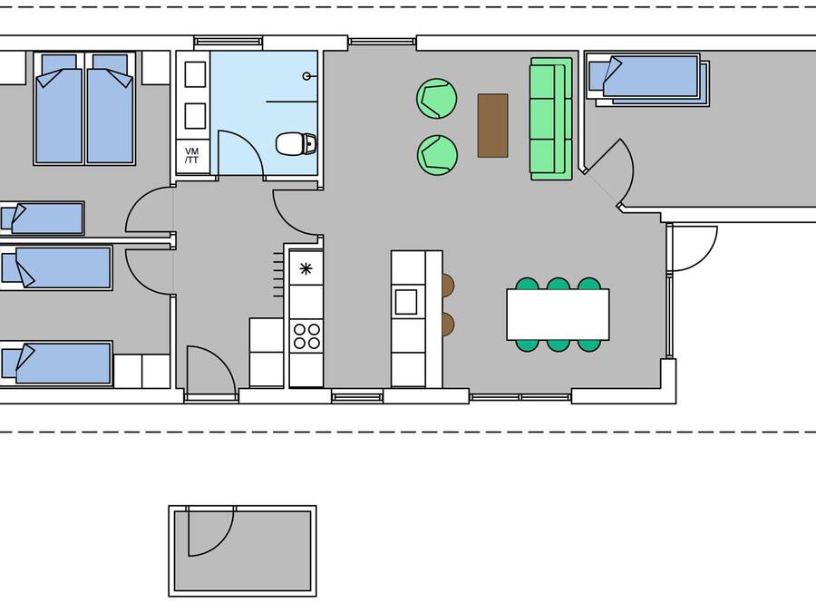 A hotel room layout with a bathroom, kitchenette, dining area, and a small balcony.