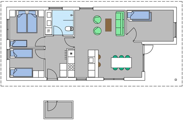 A hotel room layout with a bathroom, kitchenette, dining area, and a small balcony.