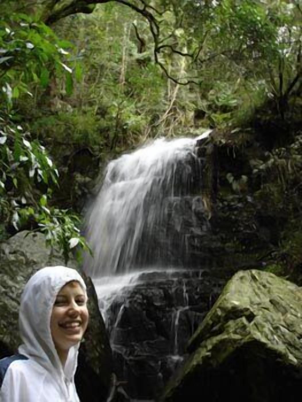 A waterfall in a forested area with rocky terrain.