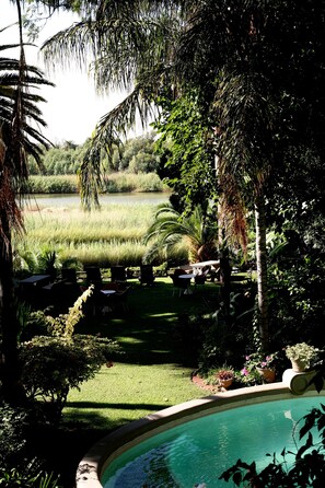 Piscine extérieure, chaises longues