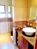 Habitación doble | Baño | Ducha, secador de pelo y toallas