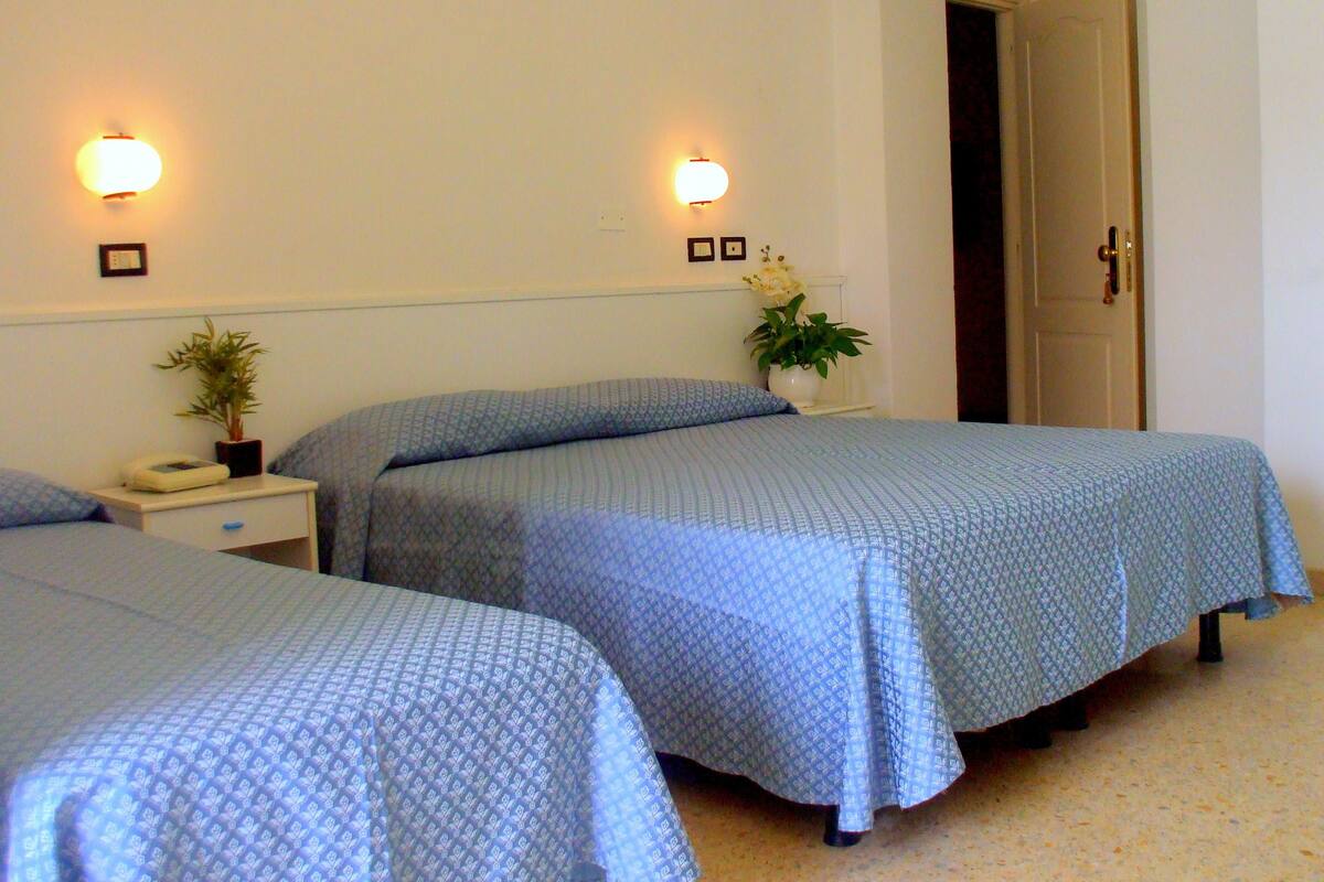 A hotel room with two beds, bedside tables, wall-mounted lights, a potted plant, and a door.