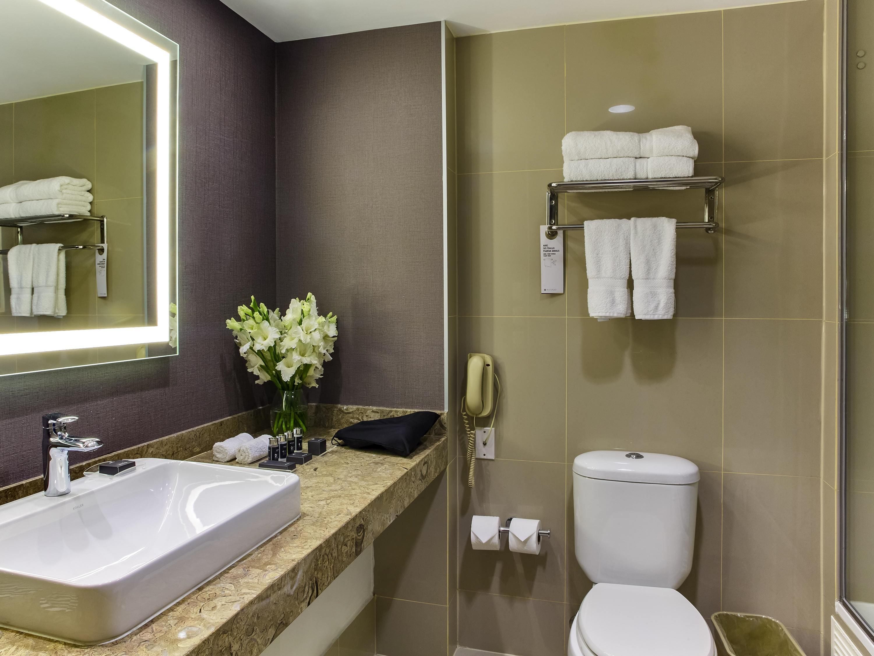 A modern bathroom with a large mirror, a sink, a toilet, and a towel rack.