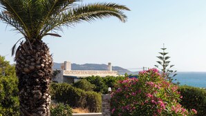 A palm tree, a flowering bush, and a stone wall in a garden setting with a view of the sea and a building in the background. - Swiss Home (Paros)