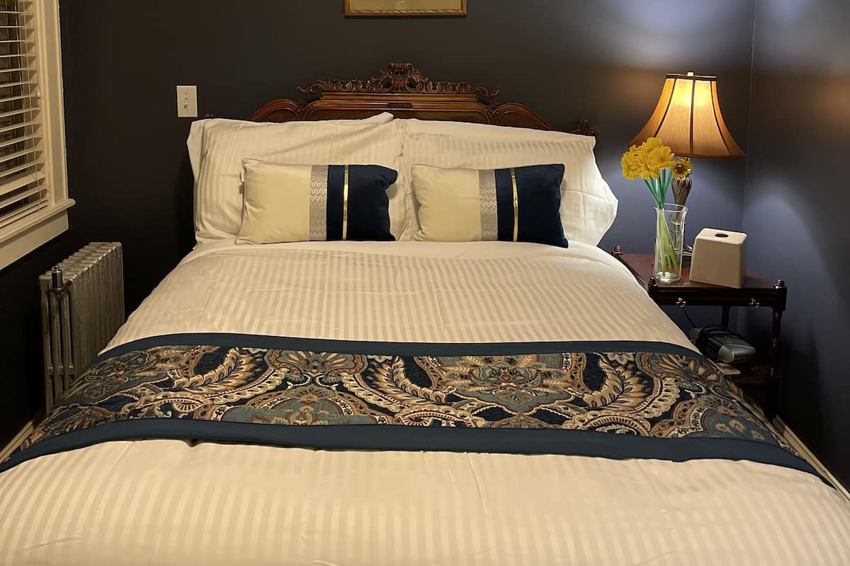 A hotel room with a bed, a wall-mounted air conditioner, a framed botanical print, a bedside lamp, and a radiator.