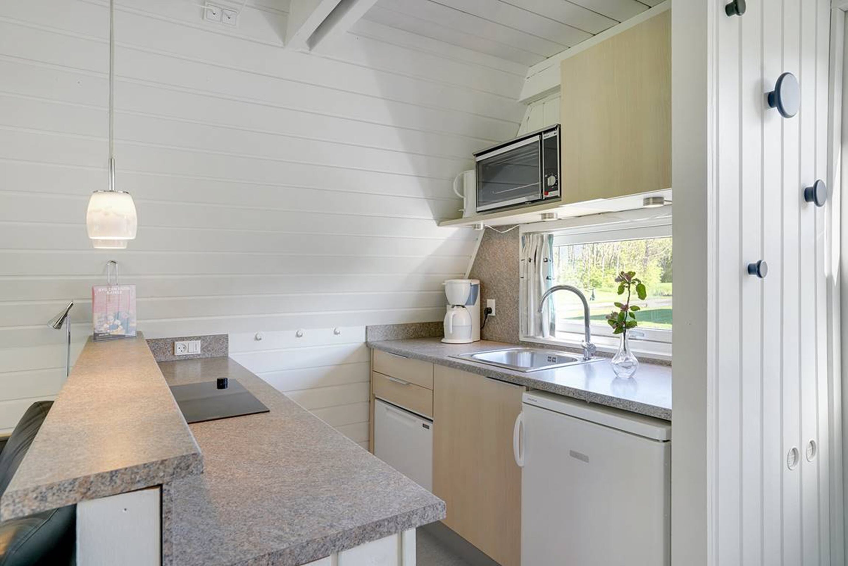 A modern kitchen with a microwave, coffee maker, and a window with a view of greenery.