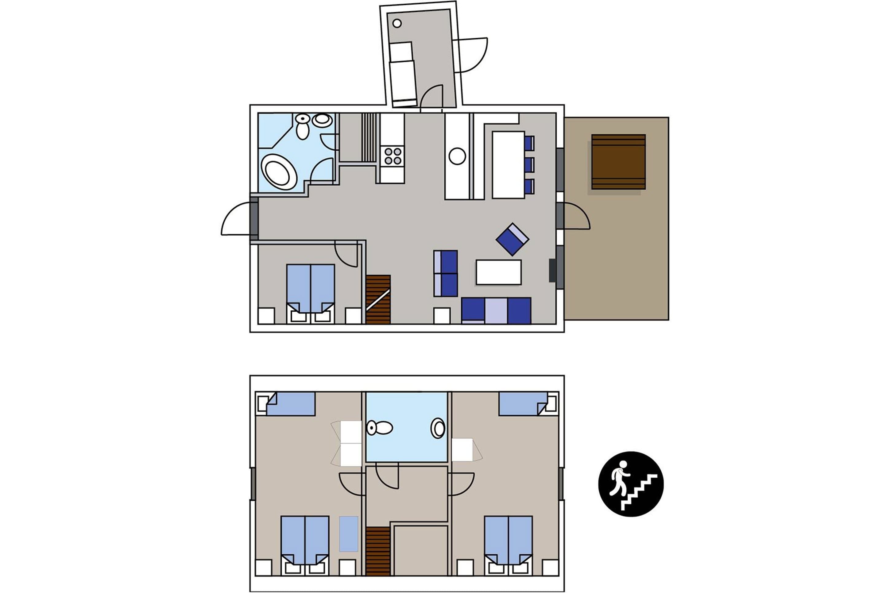 A floor plan of a hotel room with a bathroom, a kitchenette, a seating area, and a pool.
