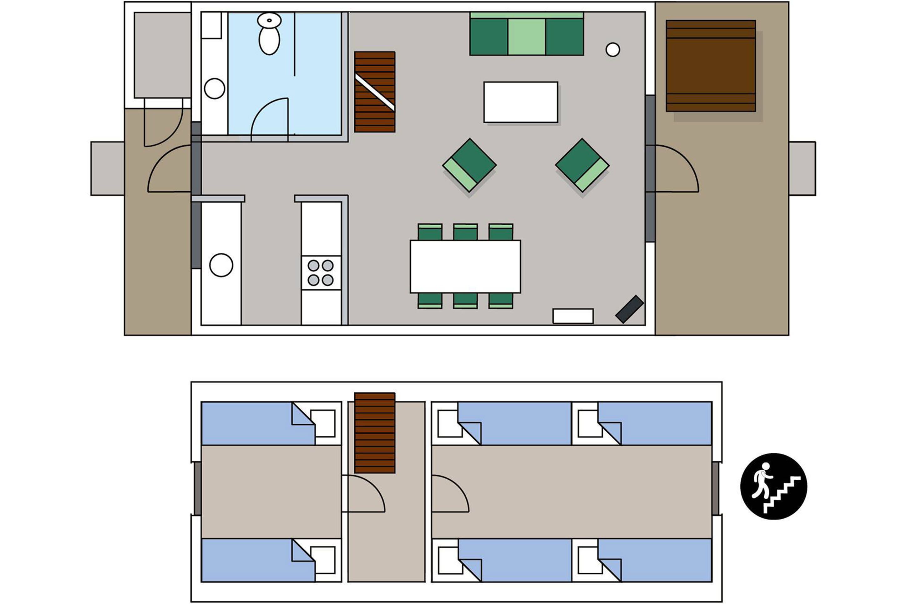 Distribución de un hotel con cocina, comedor, dos dormitorios y un baño.