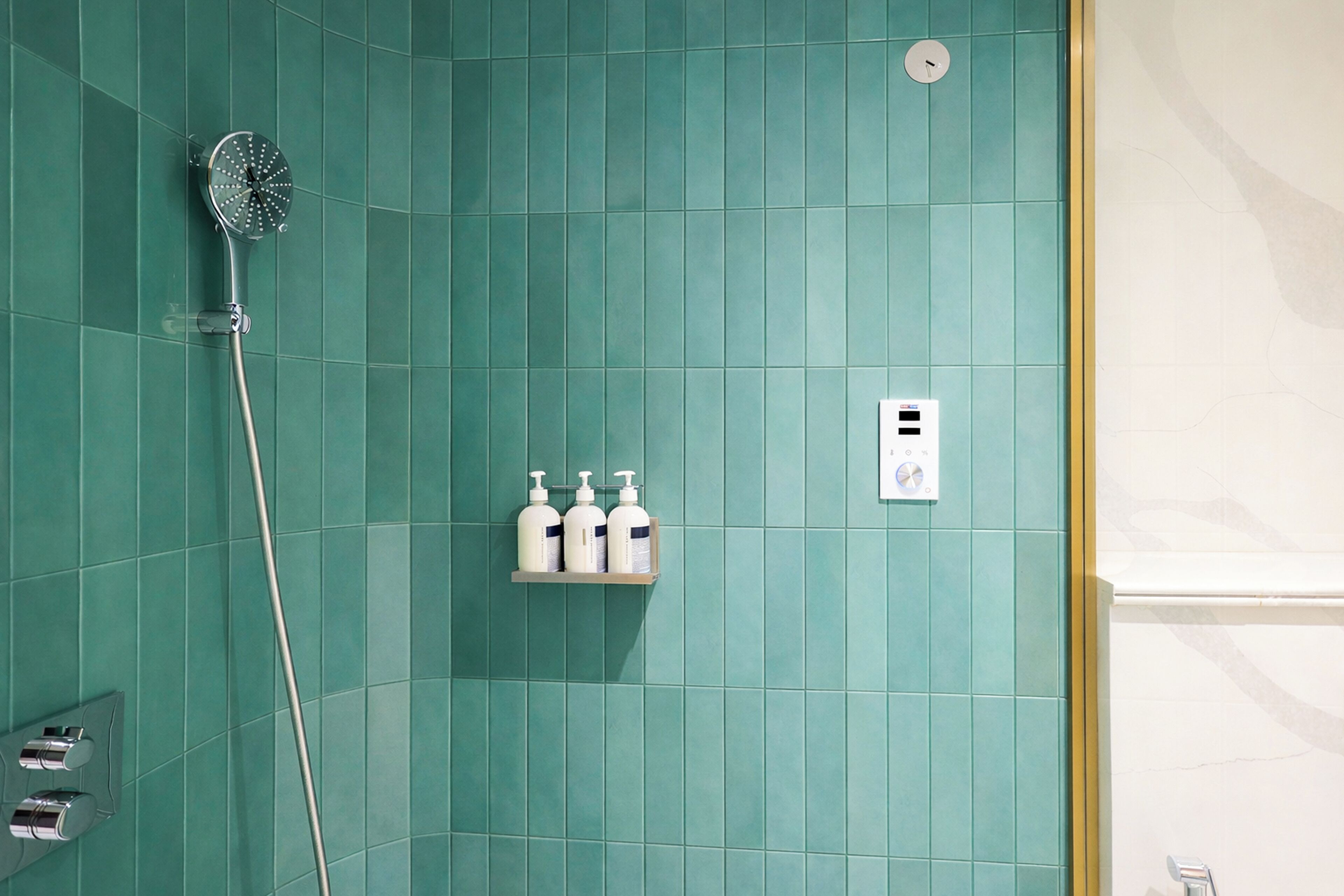 A bathroom with teal tiles, a showerhead, a shelf with toiletries, and a thermostat.