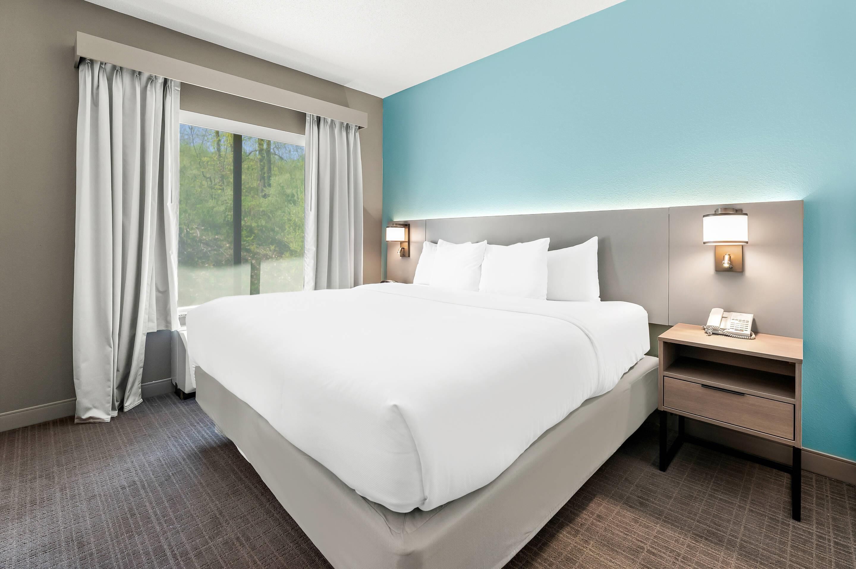 A hotel room with a large bed, two bedside tables with lamps, a window with curtains, and a view of greenery outside.