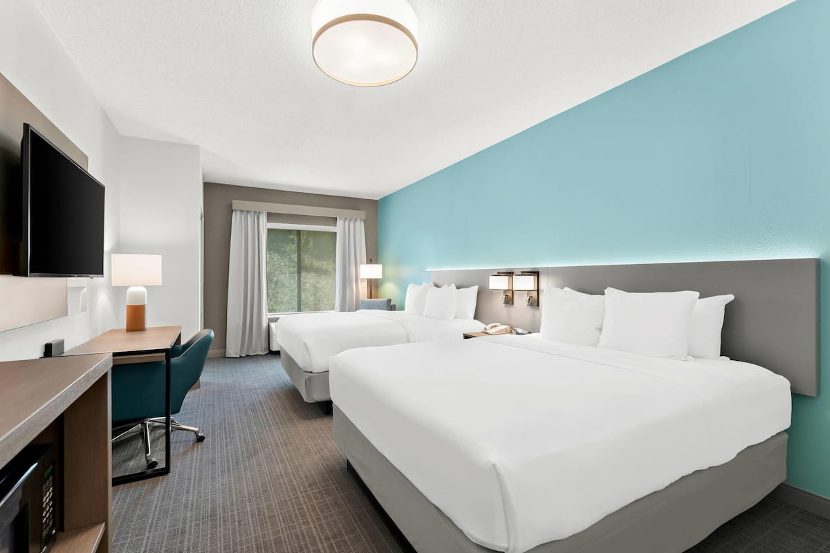 Standard Room, 2 Queen Beds, Non Smoking | In-room safe, desk, laptop workspace, iron/ironing board