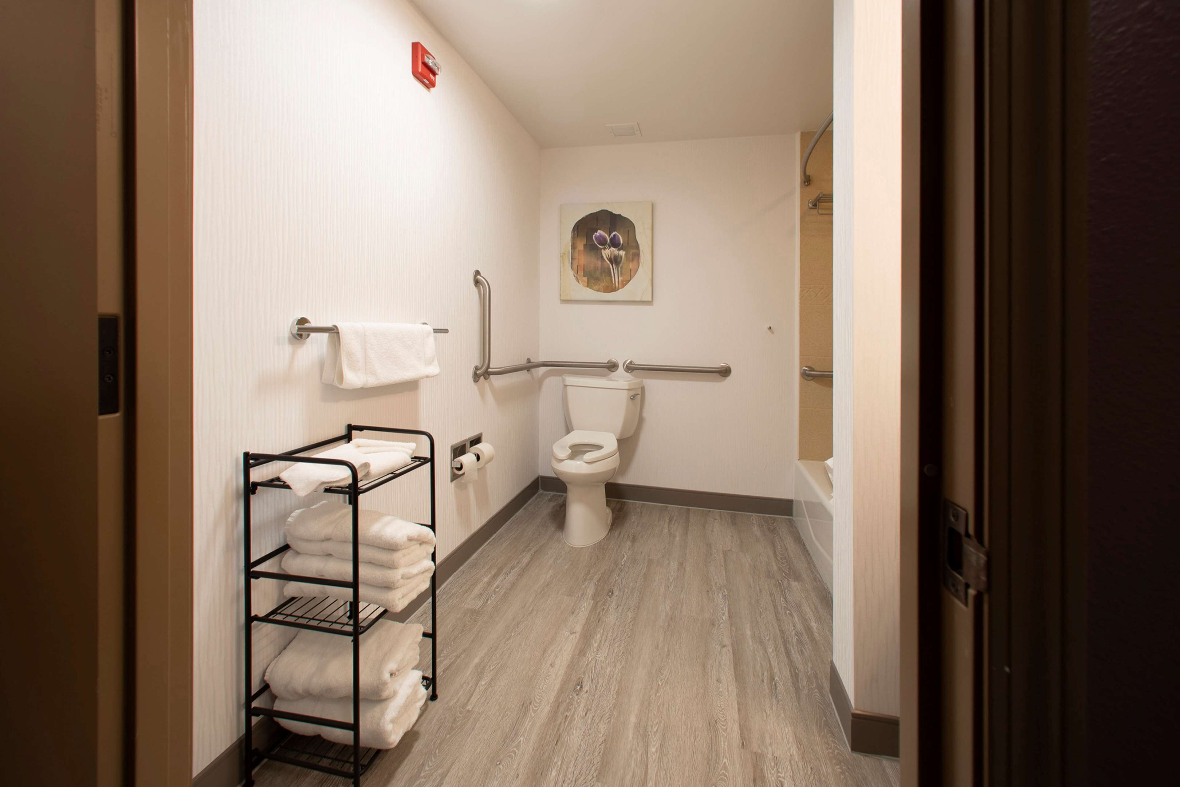 A bathroom with a toilet, a towel rack, and a painting on the wall.