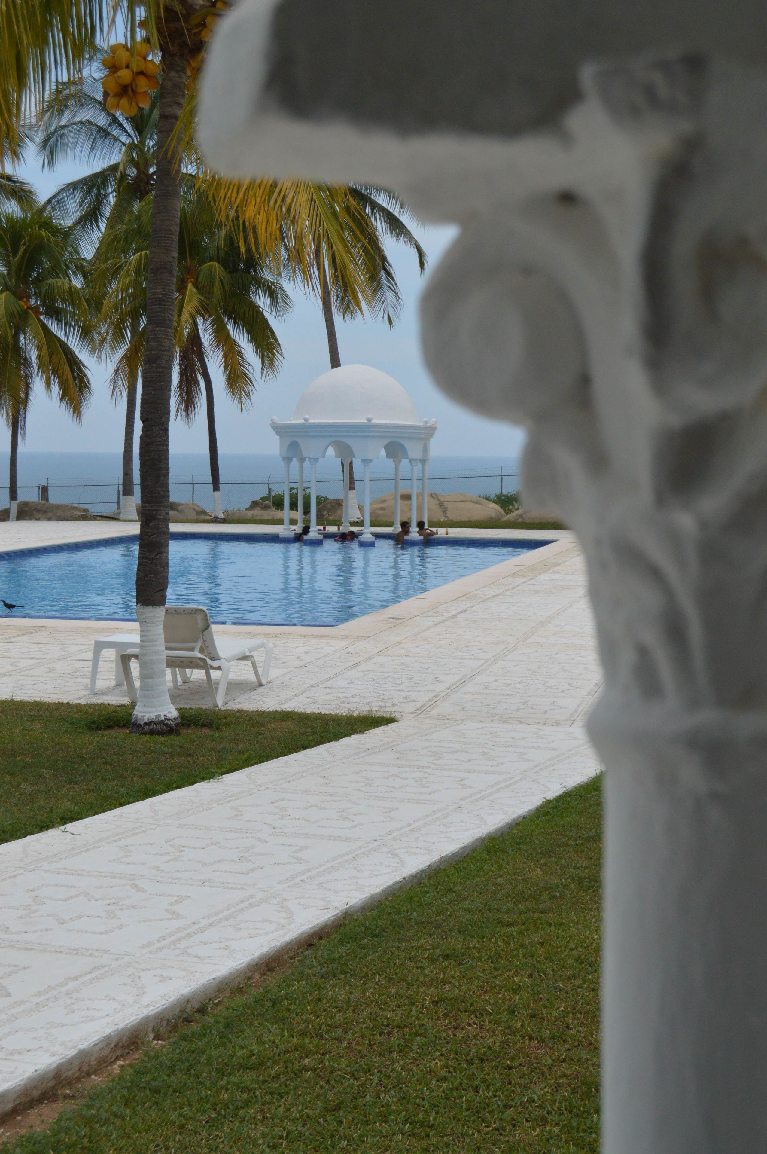 A pool area with a gazebo, palm trees, and a view of the ocean.