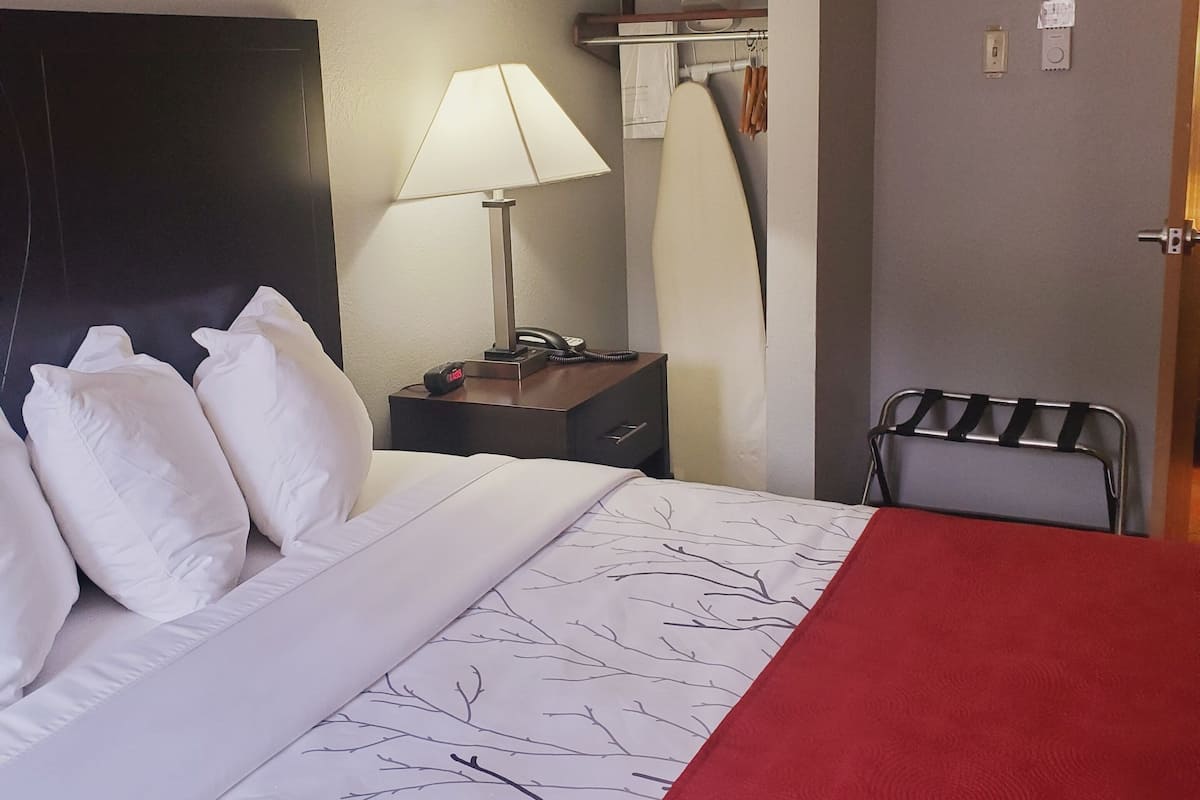 A hotel room with a bed, a nightstand, a lamp, an ironing board, and a chair.