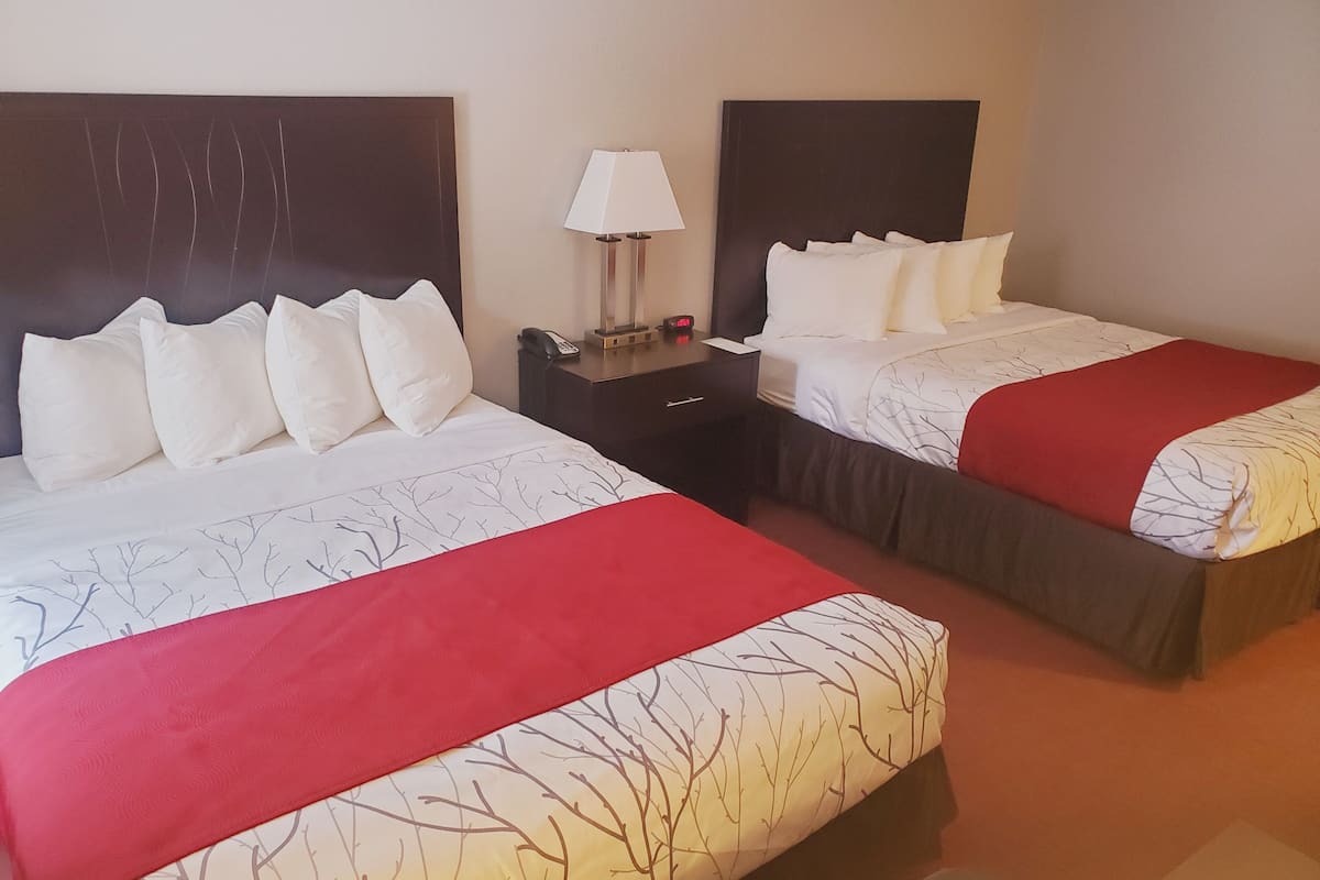 A hotel room with two beds, each with a red and white bedspread, a bedside table with a lamp, and a nightstand with a phone.