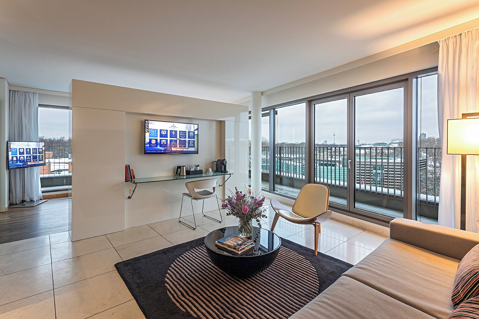 panoramic suite | living area | 37-inch flat-screen tv with cable channels, tv, first-run films