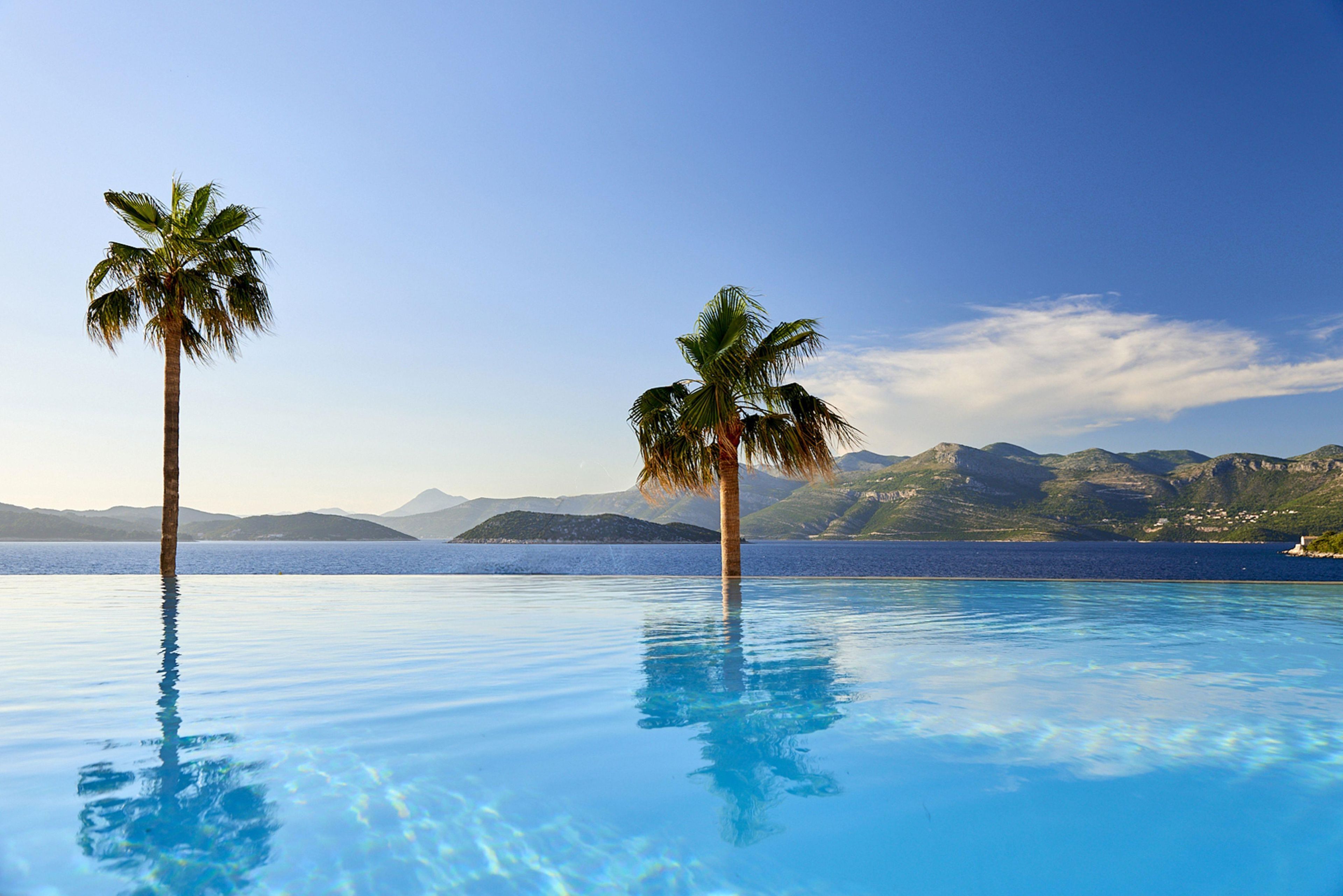 An infinity pool with clear blue water reflecting palm trees and distant mountains.