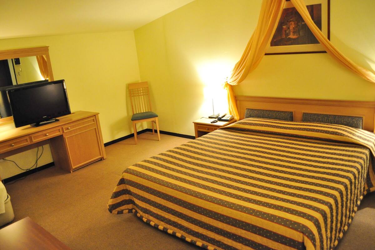 A hotel room with a bed, a desk with a television, a chair, and a nightstand with a lamp.