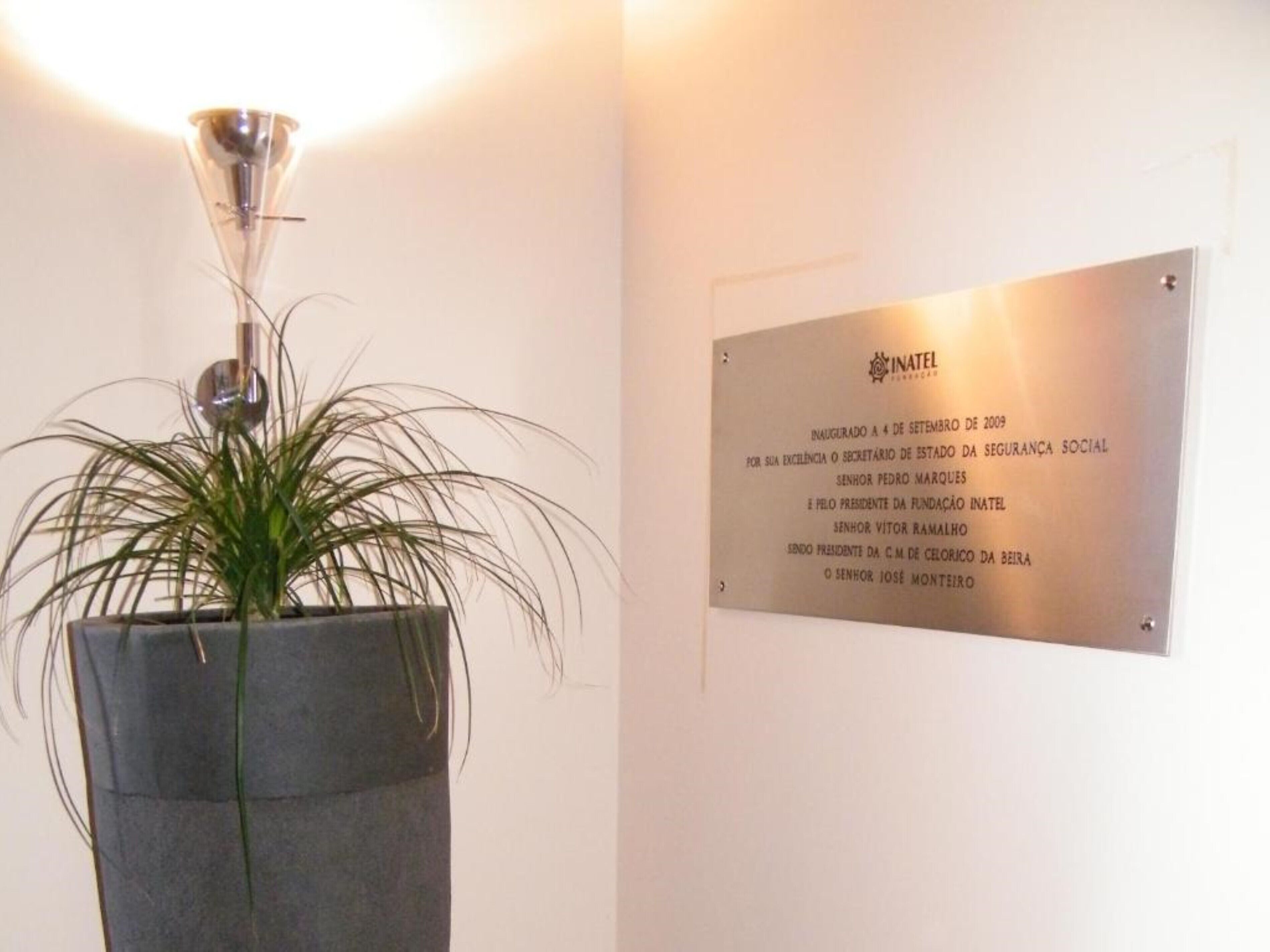 En potteplante med metalstander i et rum med en plade på væggen.