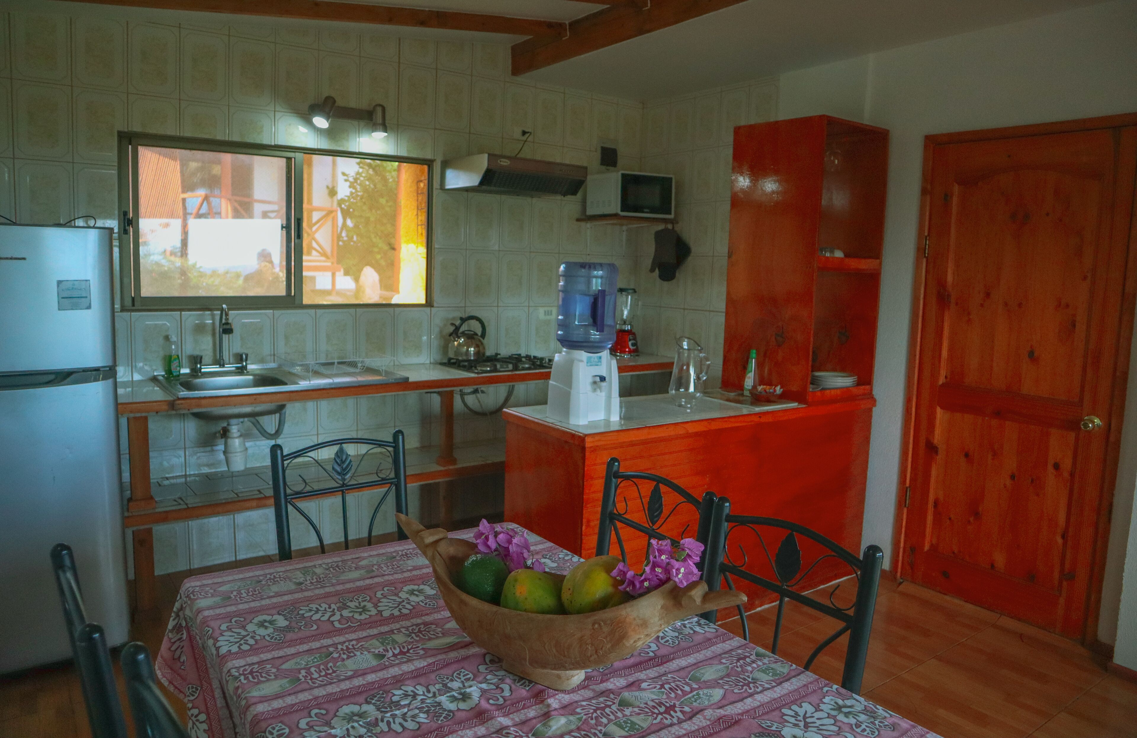 A compact kitchen with a refrigerator, sink, and a wooden table with a fruit bowl.