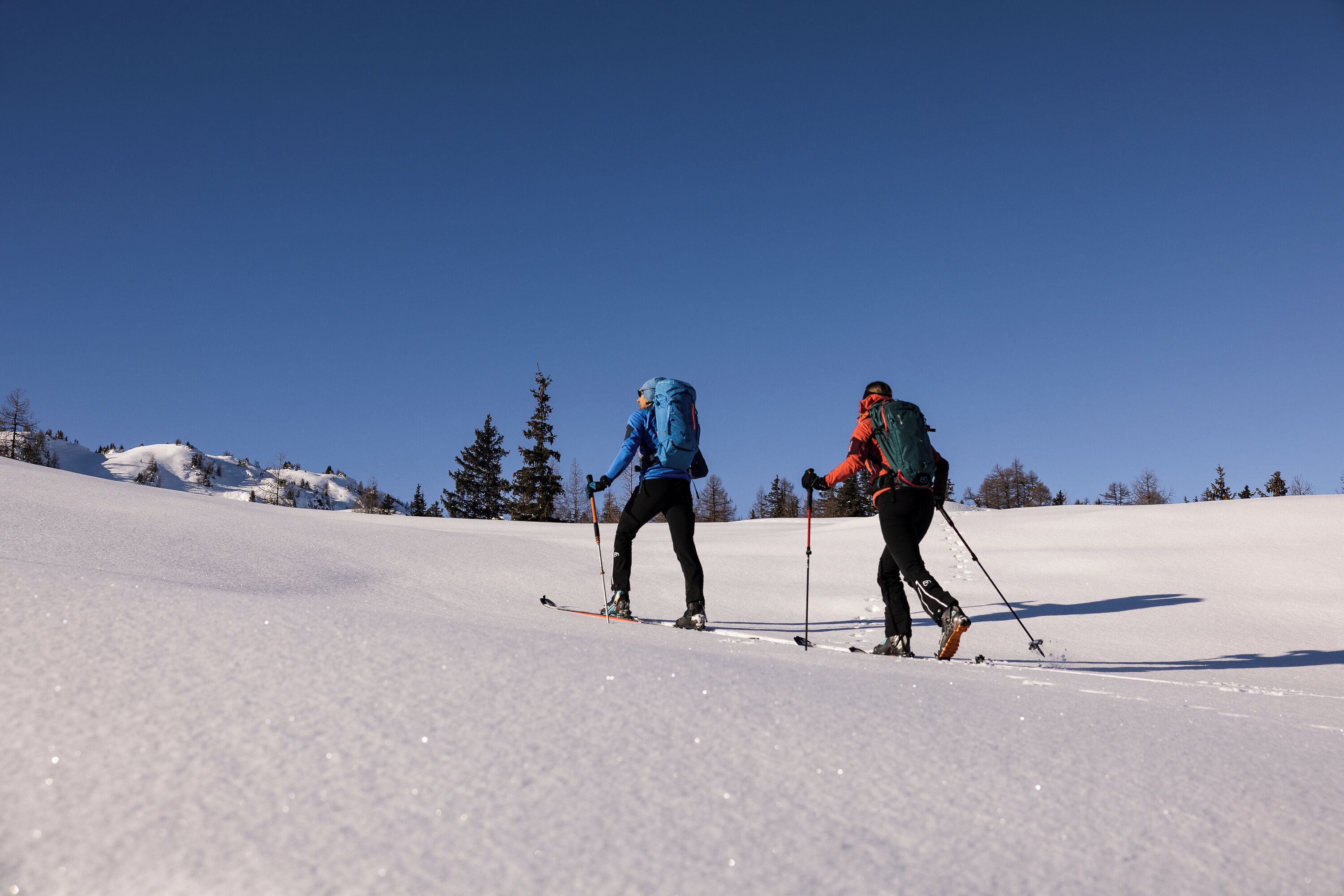 Duas pessoas esquiando numa encosta coberta de neve, com árvores ao fundo.