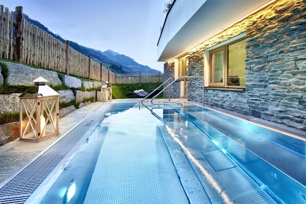 Indoor pool, outdoor pool, open 9:00 AM to 8:00 PM, pool loungers