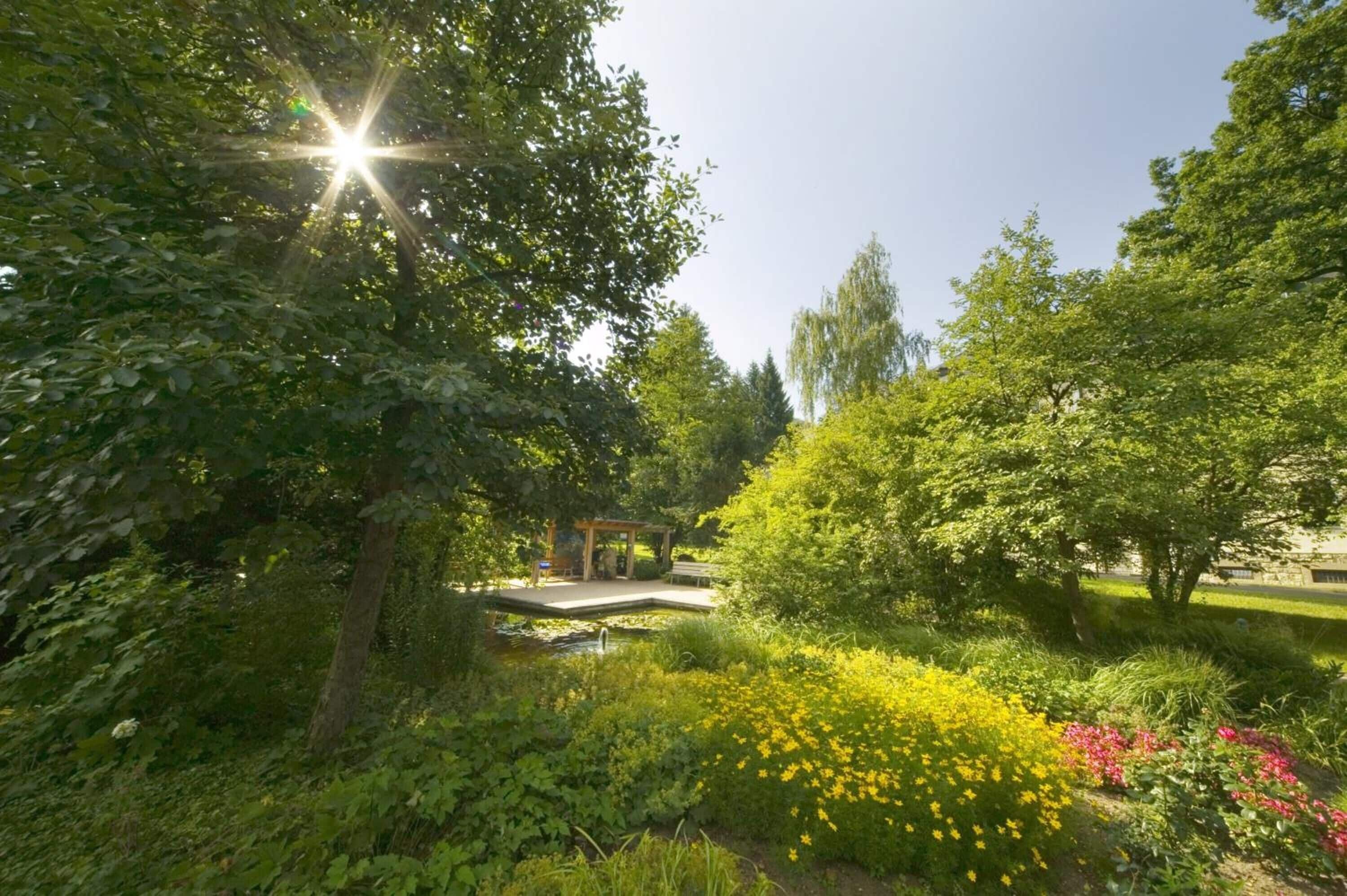 Um jardim com um gazebo, um lago e diversas plantas e flores.