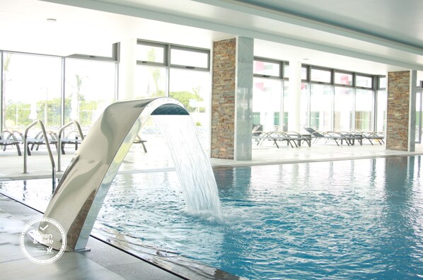 Indoor pool, outdoor pool, open 9:00 AM to 8:00 PM, pool umbrellas