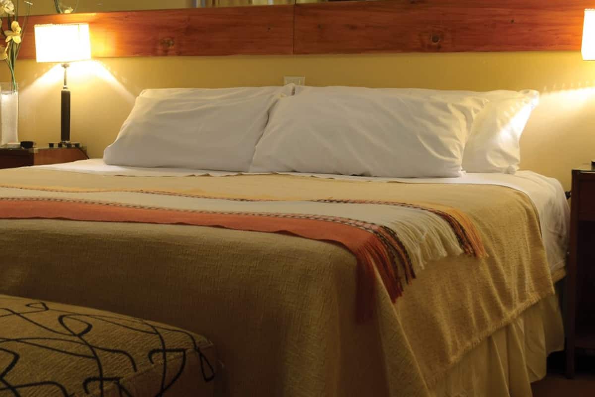 Une chambre d’hôtel comprenant un lit, deux lampes de chevet, une table de chevet avec un téléphone et un vase décoratif avec des fleurs.
