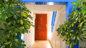 A narrow hallway with a wooden door at the end, flanked by potted plants with variegated leaves.