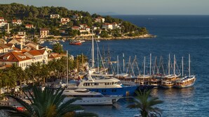 A coastal marina with multiple yachts docked, surrounded by residential buildings and palm trees. - Apartments and Rooms Bonkan Hvar  (Hvar)
