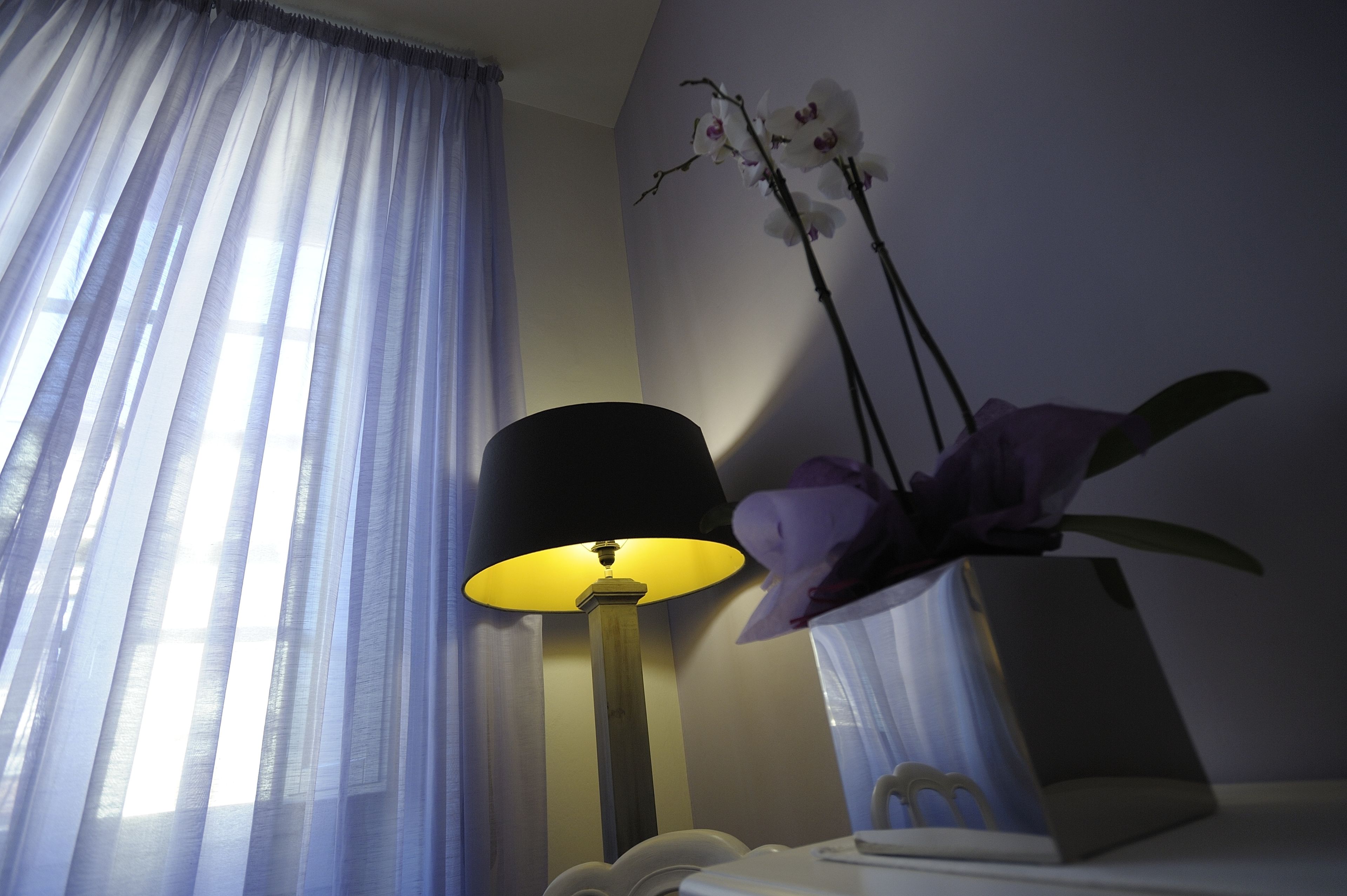 Ett rum med en lampa, en vas med blommor och ett fönster med tunna, genomskinliga gardiner.