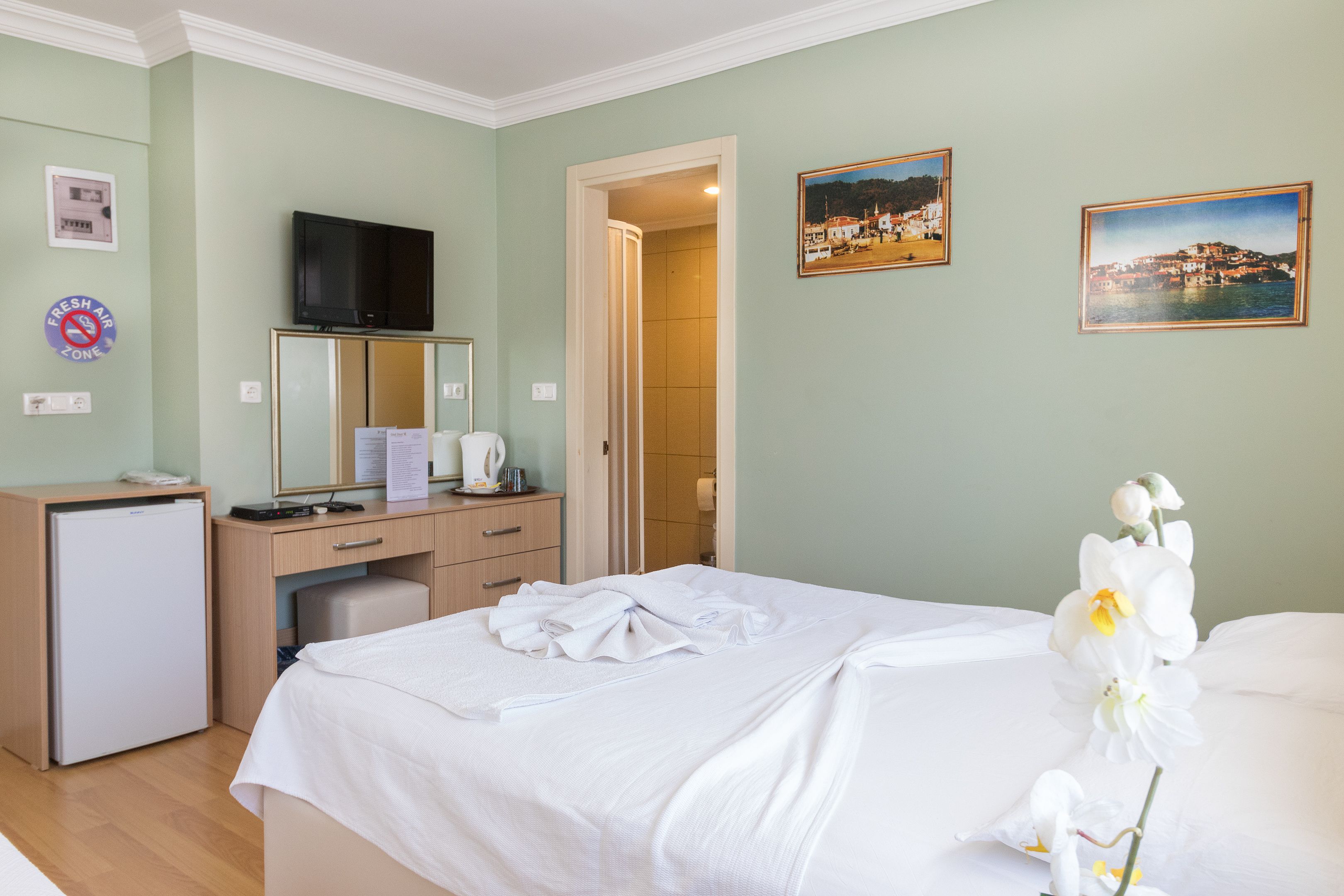 Una habitación de hotel con una cama, un escritorio con televisor, un refrigerador y dos cuadros en la pared.