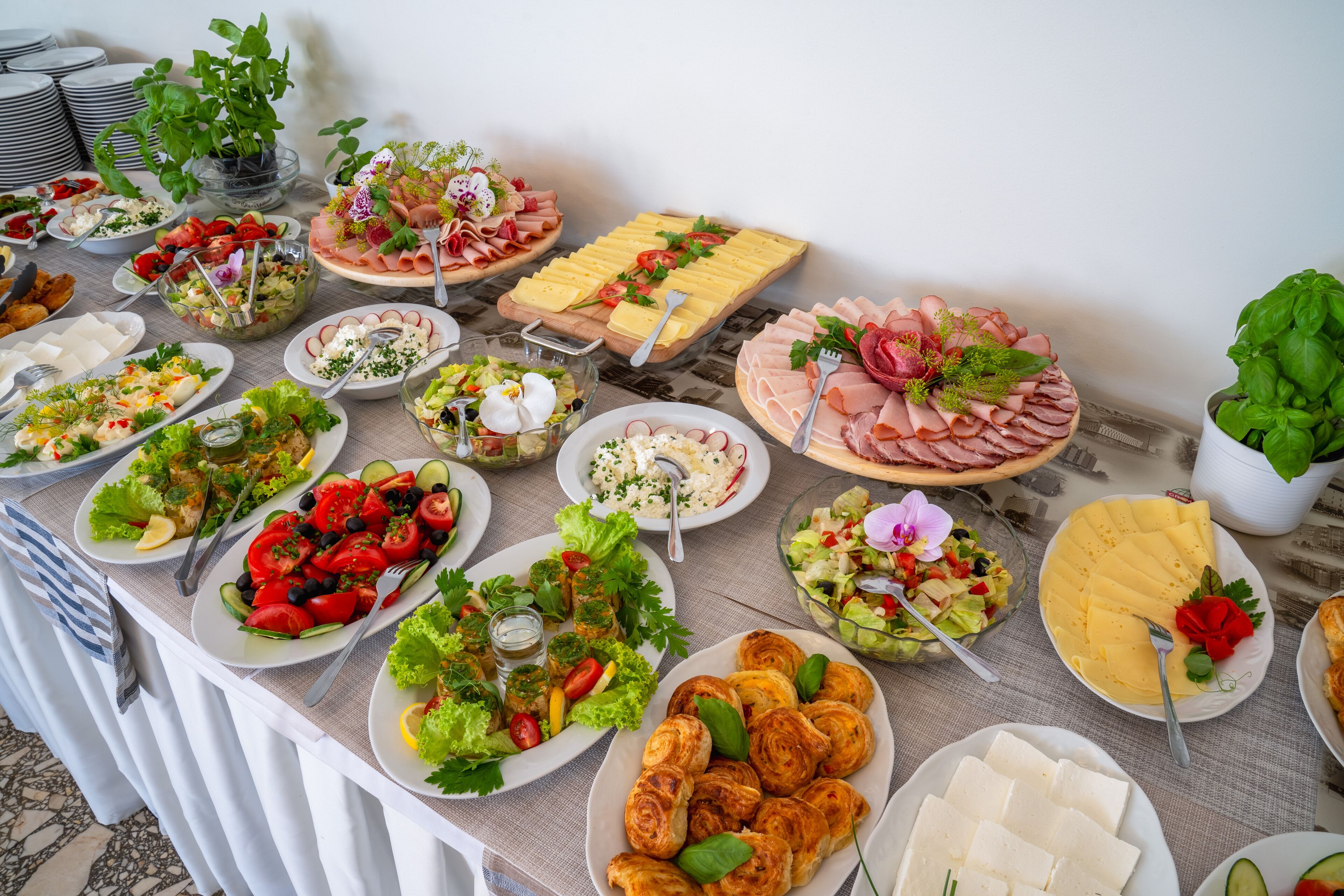 A buffet table with various food items and a potted plant.