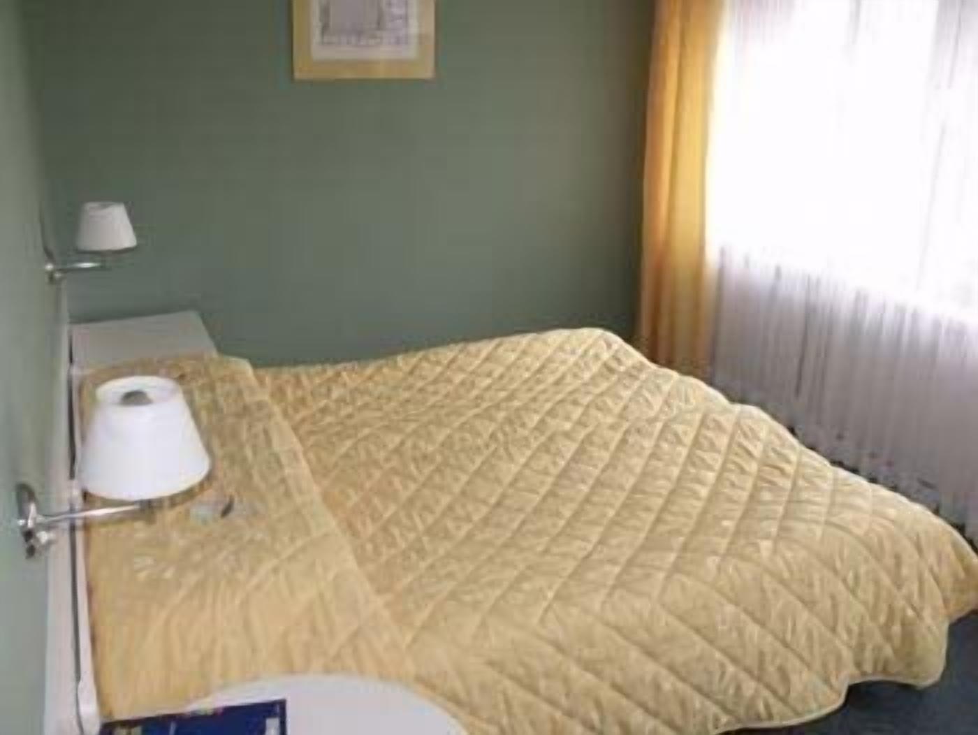 A hotel room with a bed, a toilet, and a window with curtains.