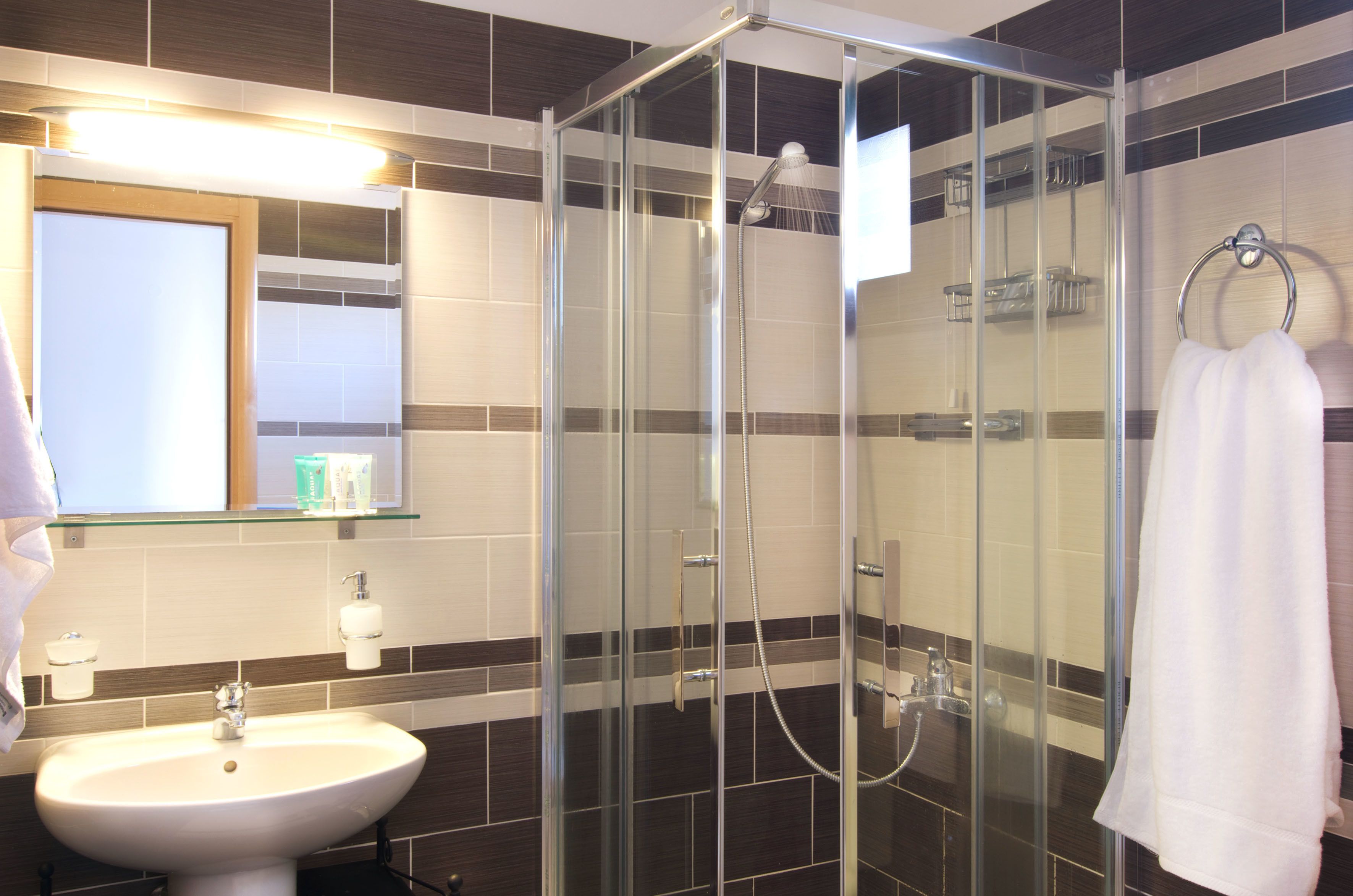 A modern bathroom with a glass-enclosed shower, a sink, and a mirror above it.