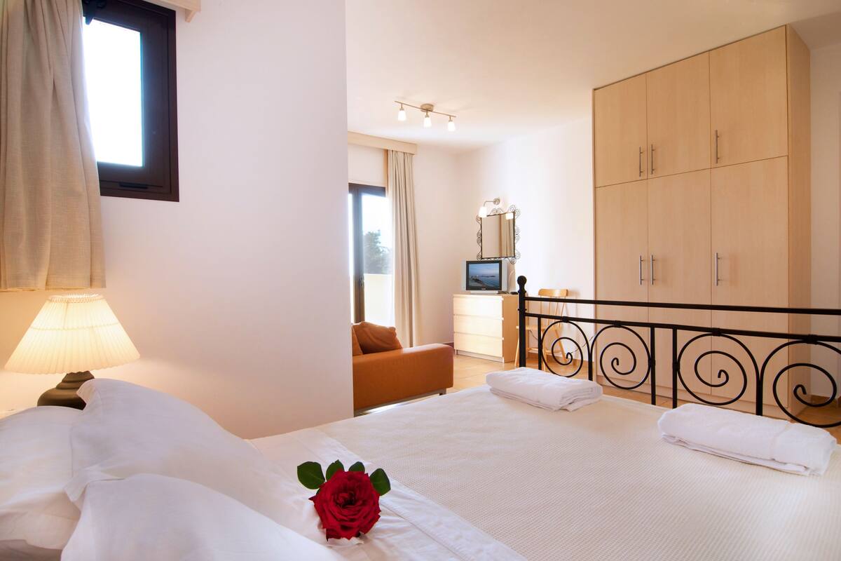 A hotel room with a bed, a desk, a wardrobe, and a television.