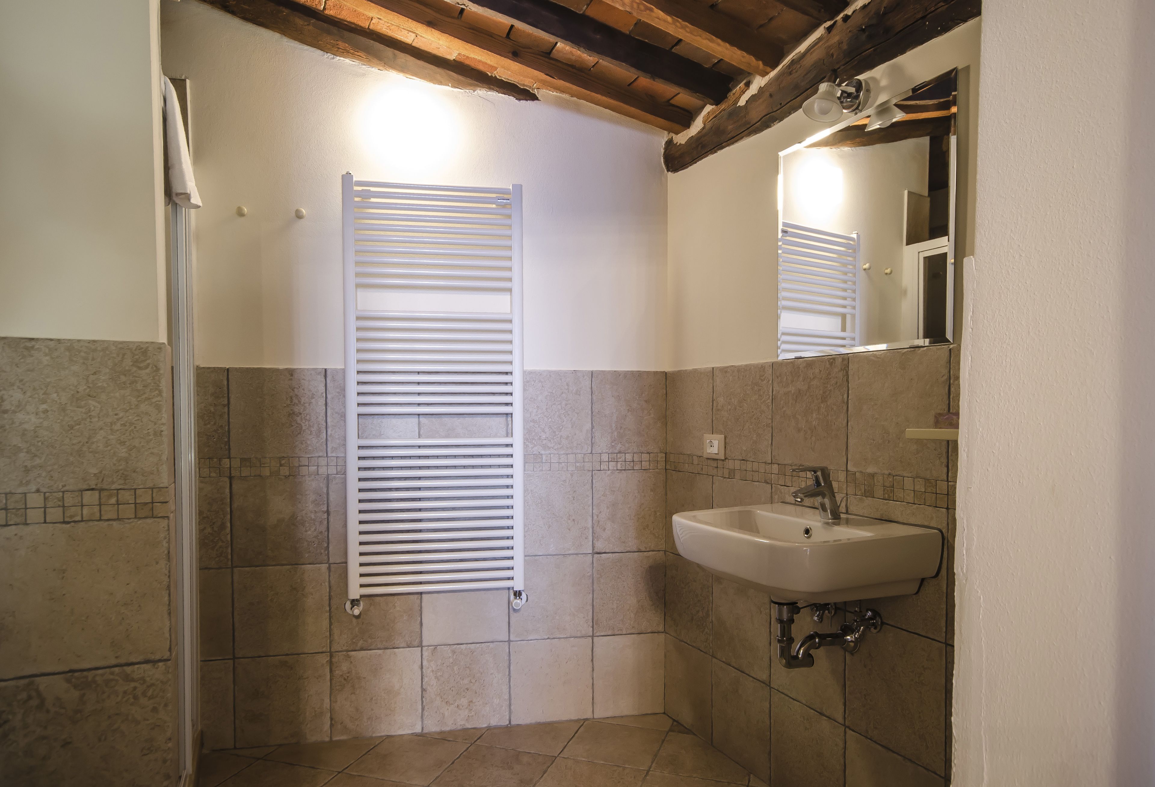 A bathroom with a shower, a sink, and a mirror.