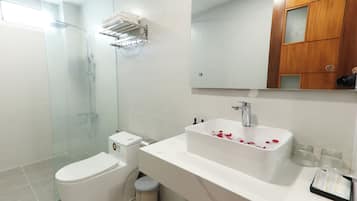 Shower, free toiletries, hair dryer, slippers