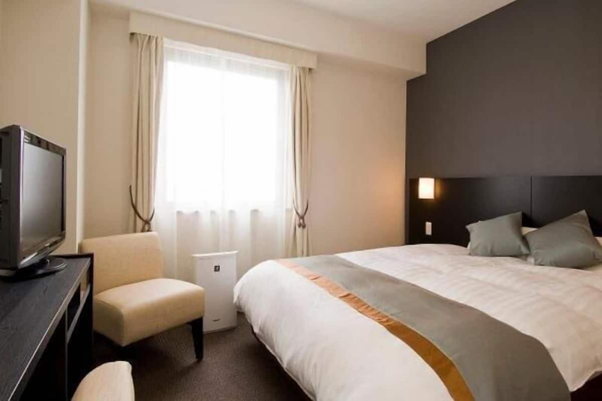 A hotel room with a bed, a television, a chair, and a window with curtains.