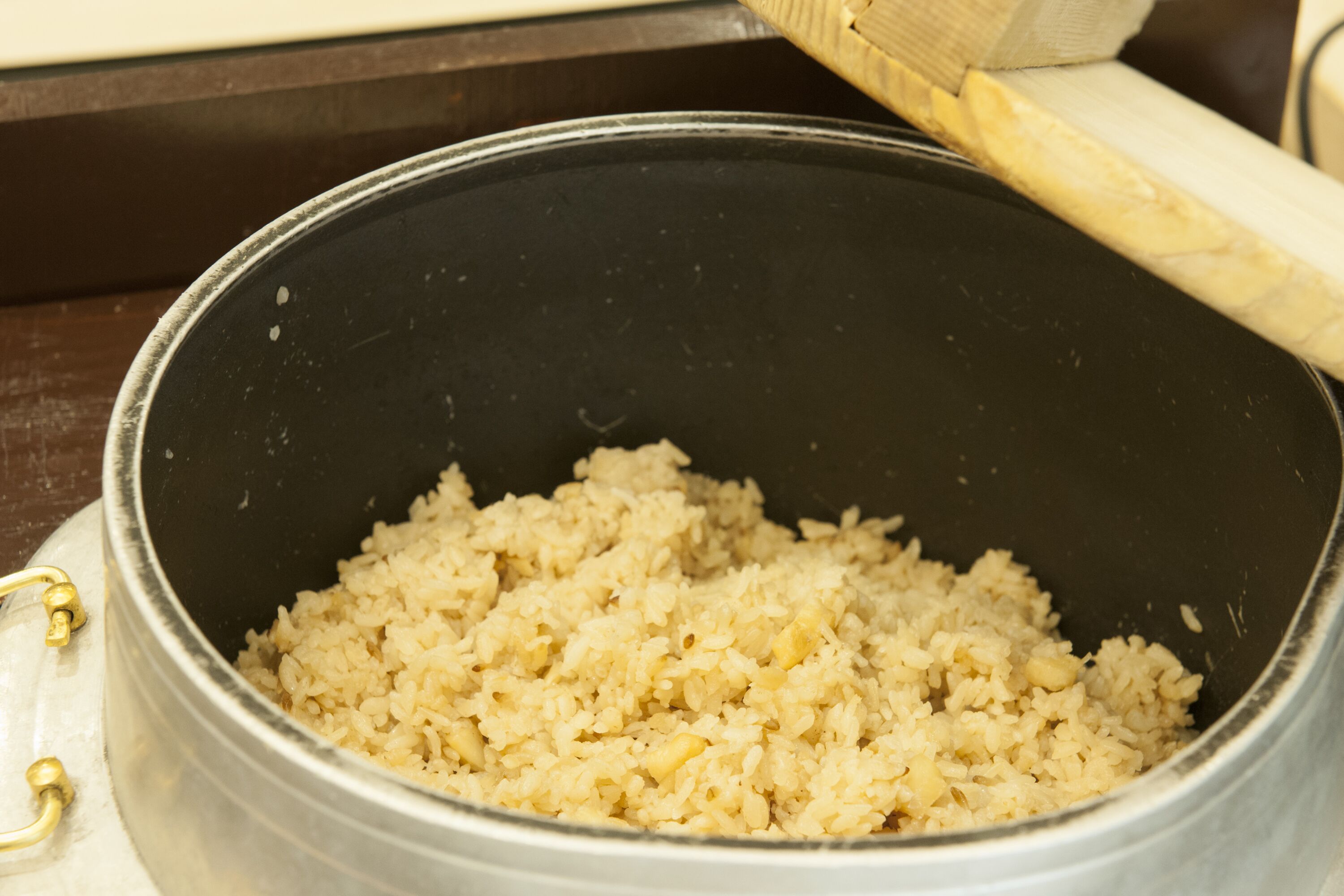 A pot of cooked rice.