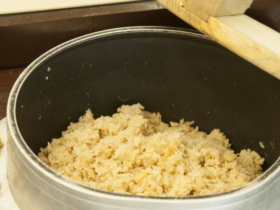 A pot of cooked rice.