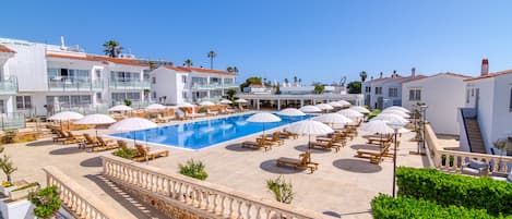 Outdoor pool, pool umbrellas, pool loungers