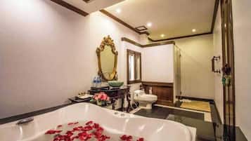 Luxury King Bed With Spa Bath and Pool access | Bathroom | Separate tub and shower, rainfall showerhead, hair dryer, bathrobes