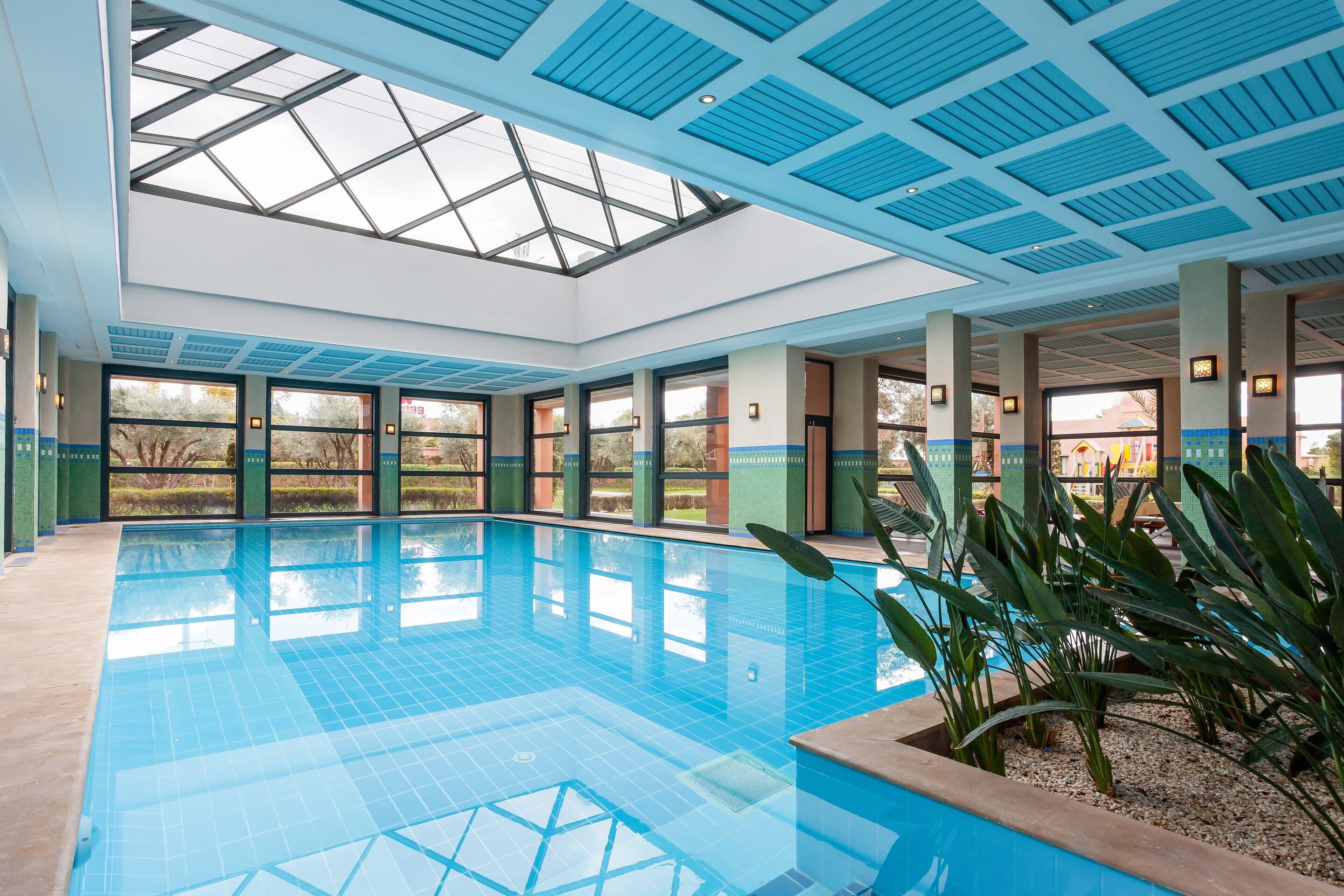 Indoor pool, outdoor pool, sun loungers