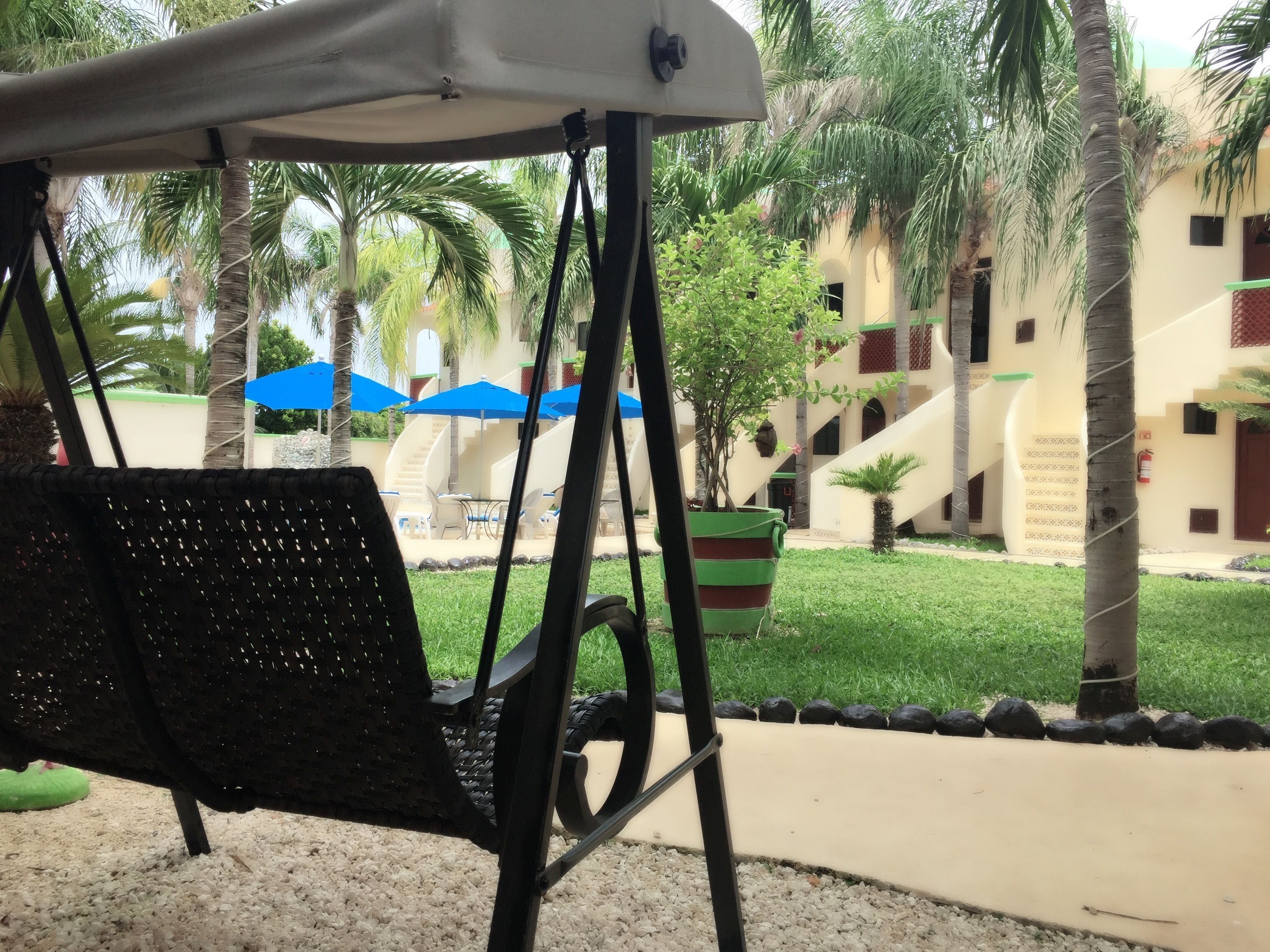 A swing chair in a courtyard with palm trees, a pool, and a building with a yellow facade.