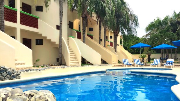 Una piscina con borde de piedra, sillas de descanso y palmeras.