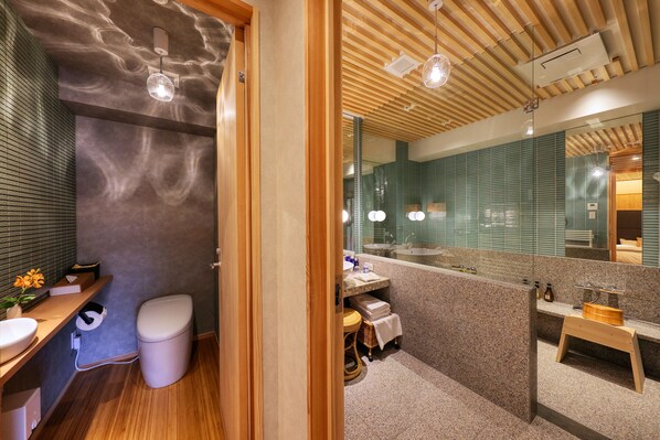 Une salle de bain moderne avec un meuble-lavabo en bois, des toilettes et un grand miroir.