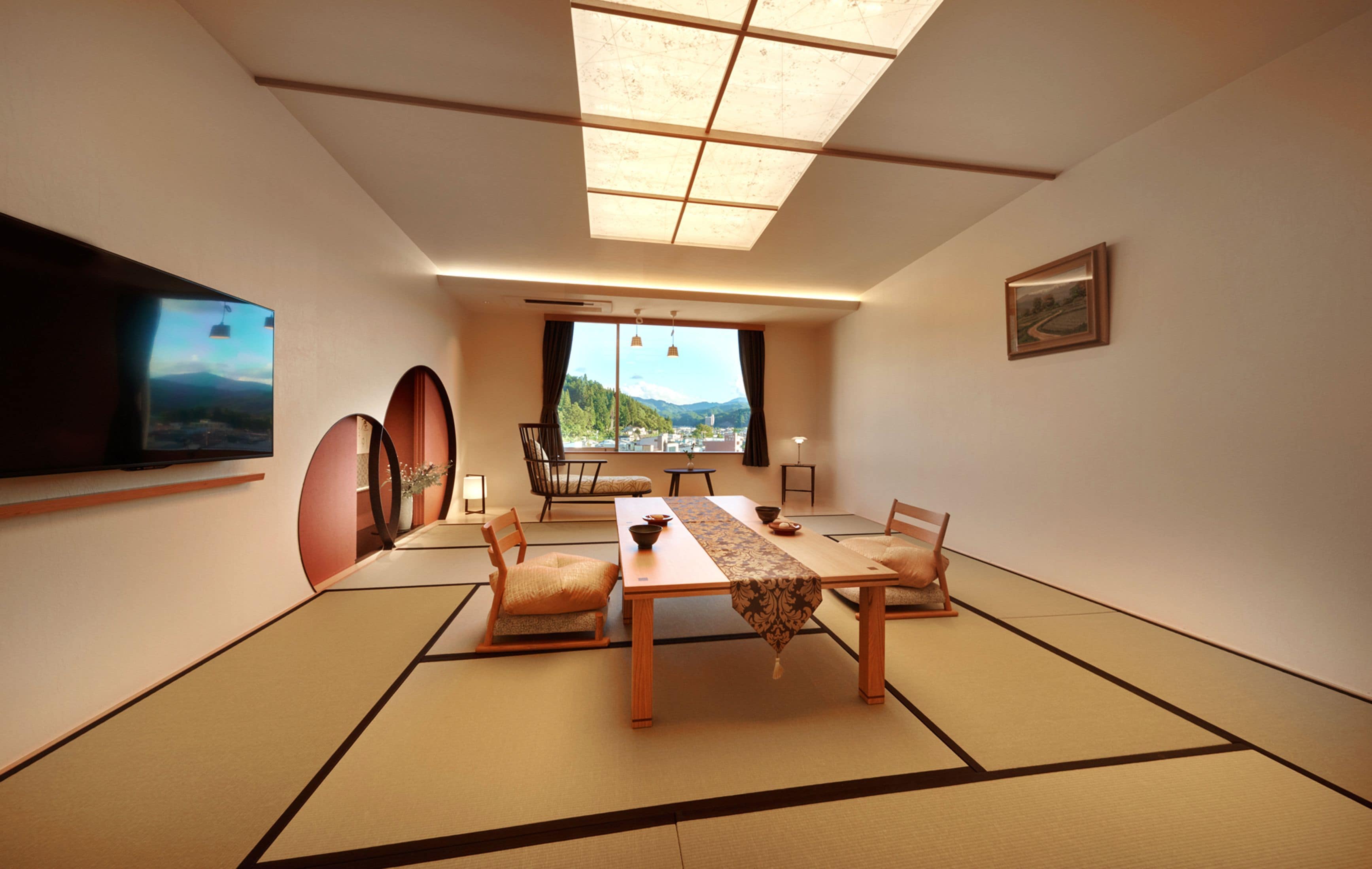 A traditional Japanese room with tatami flooring, a low table, and shoji screens.